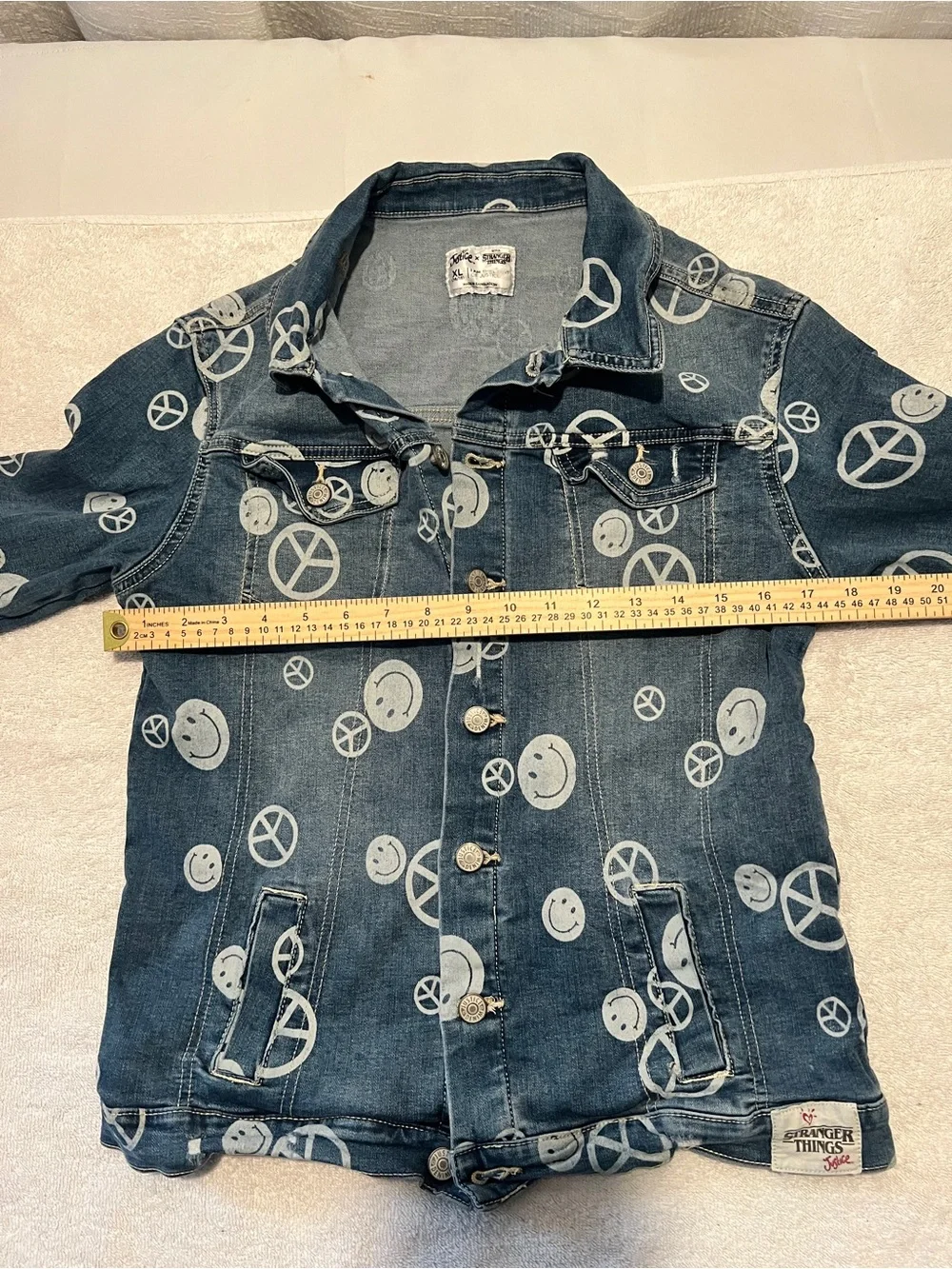 Justice Blue Denim Jacket with White Peace & Smiley Prints X-SIZE LARGE 14-16